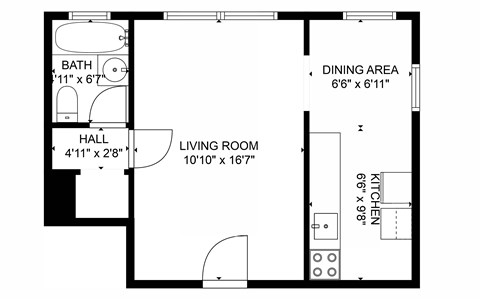 Floor plan for studio, 1 bath, 400 sqft